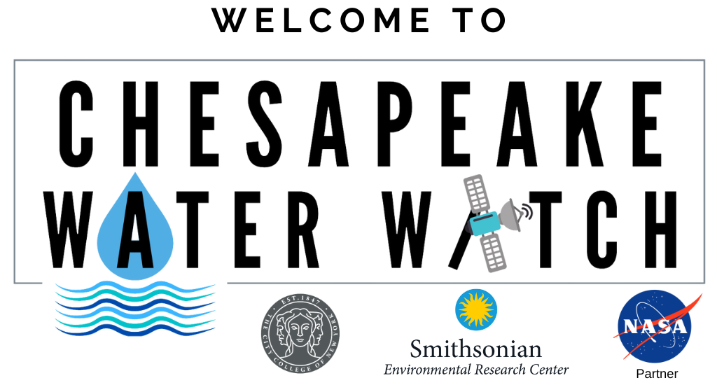 Text reads Welcome to Chesapeake Water Watch in large font. The City College of New York, Smithsonian Environmental Research Center, and NASA logos are below the text