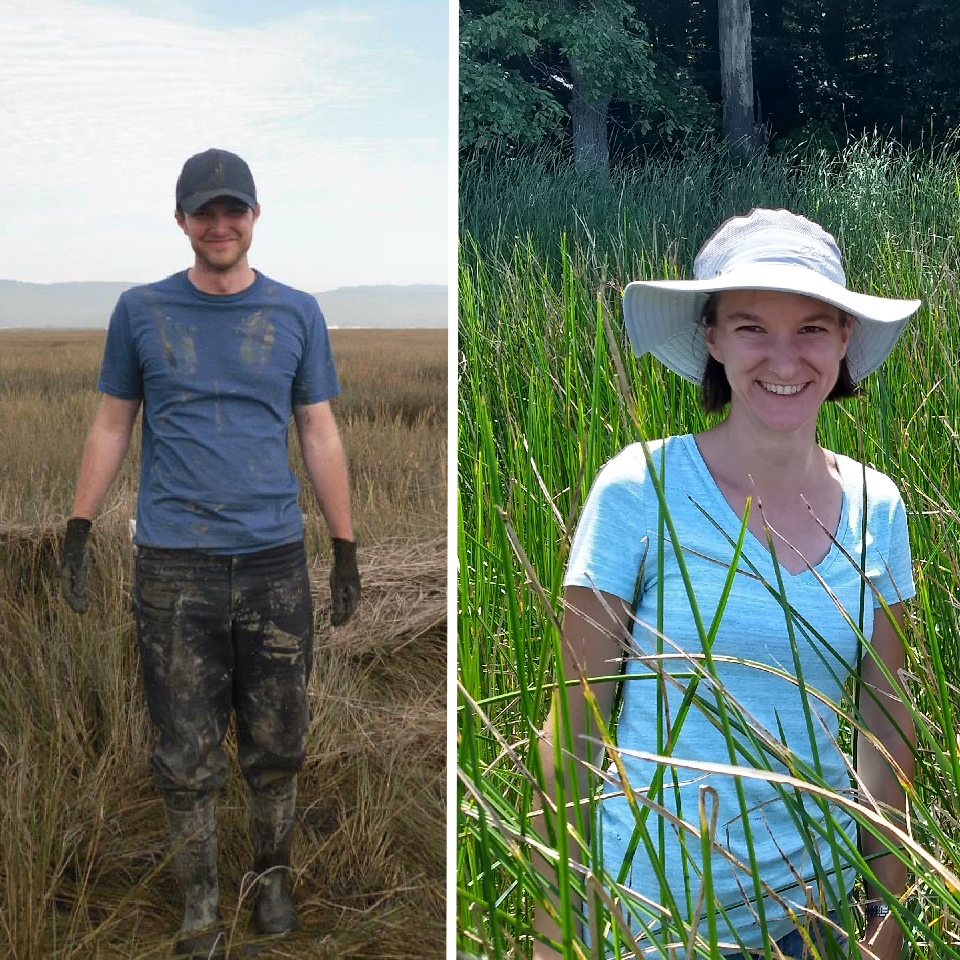 Side-by-side photos of James Holmquist and Genevieve Noyce standing in wetlands