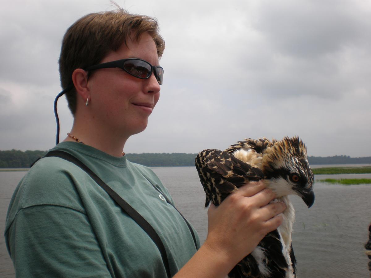 Woman in sunglasses holding an osprey bird