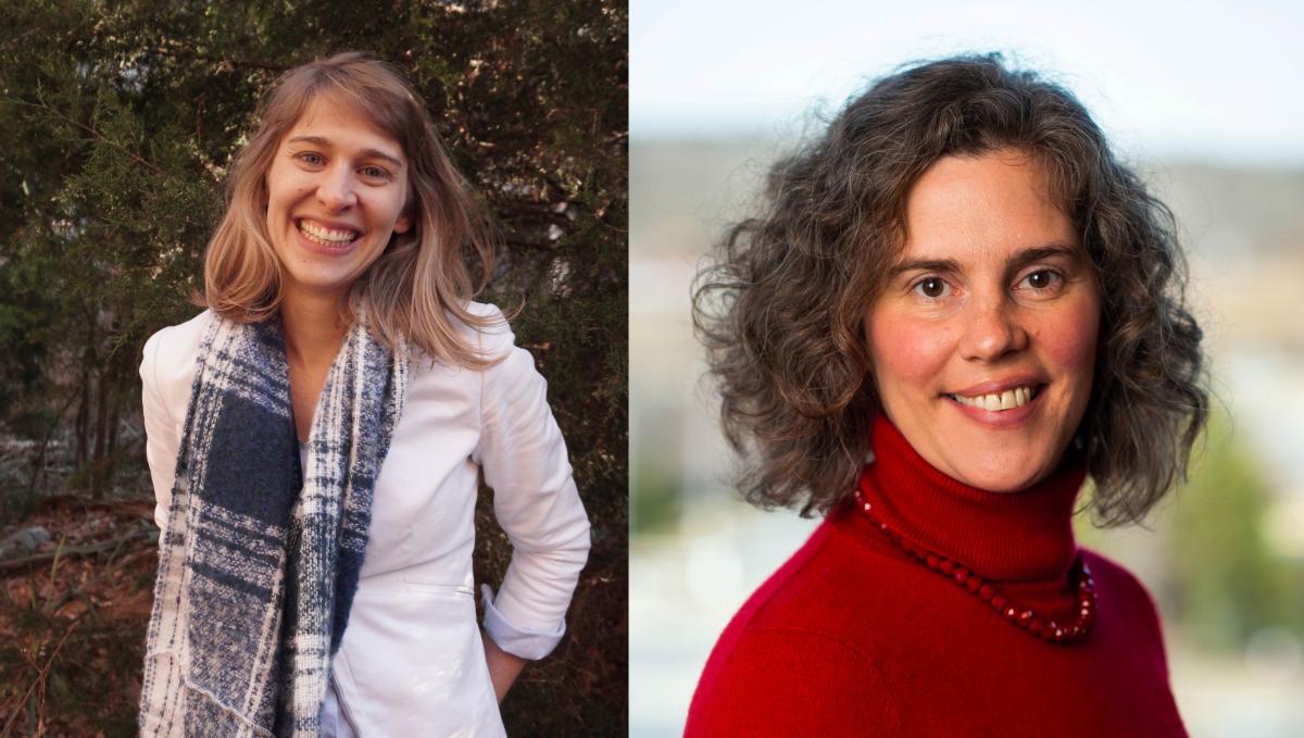 Close-up photos of a blond woman in a white shirt and blue scarf and a brunette woman in a red turtleneck