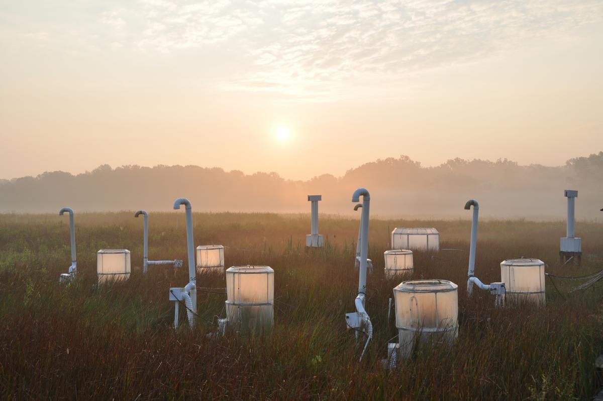 Small chambers with pipes on a marsh at sunrise