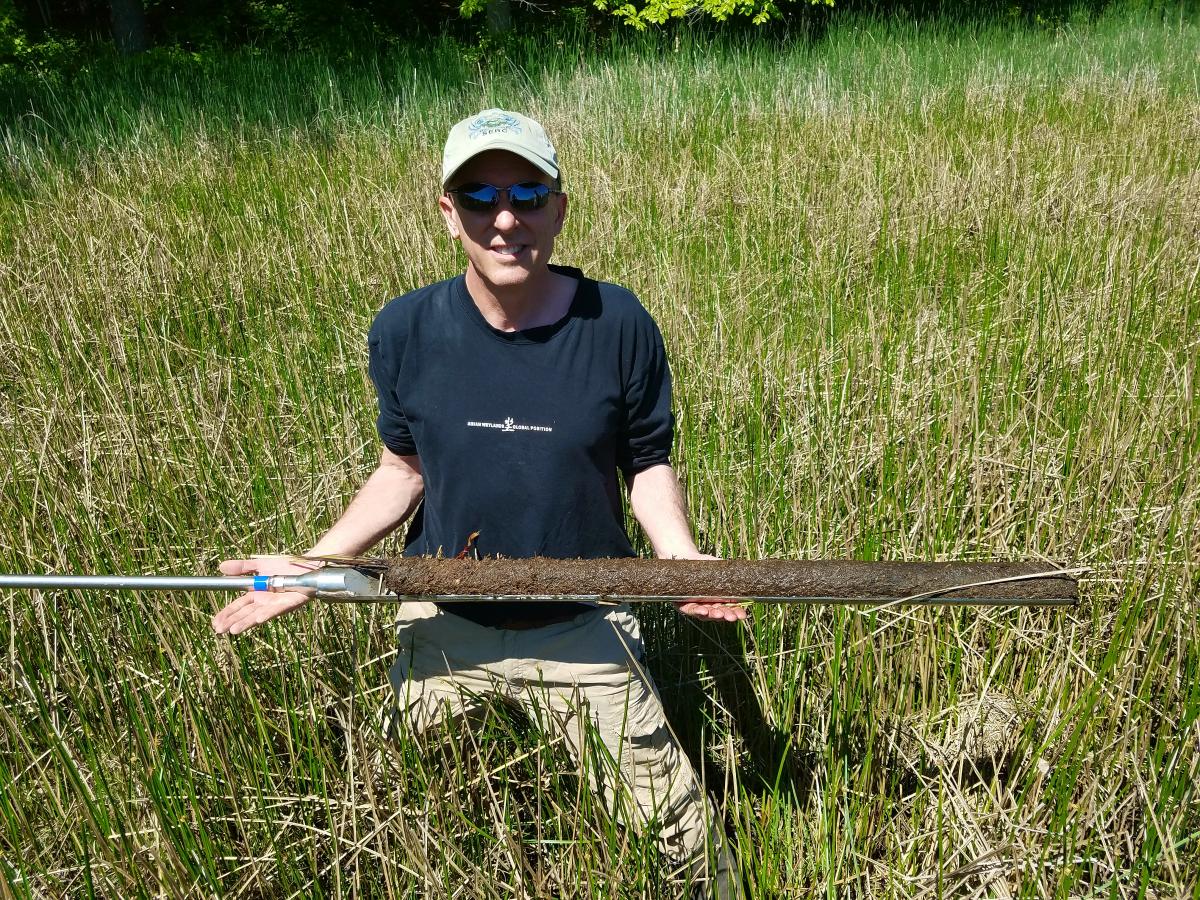 Man kneeling in wetland holding soil core