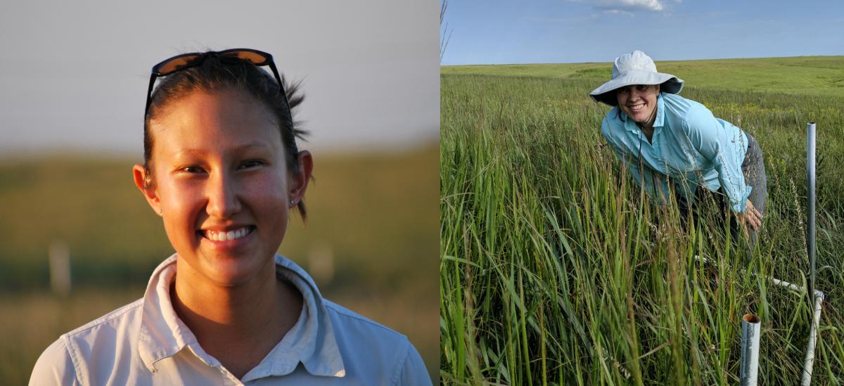 Separate photos of Kim Komatsu and Meghan Avolio in Konza Prairie Biological Station