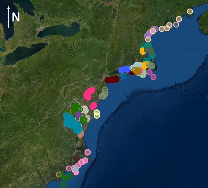 Map of East Coast of U.S., with multicolored dots