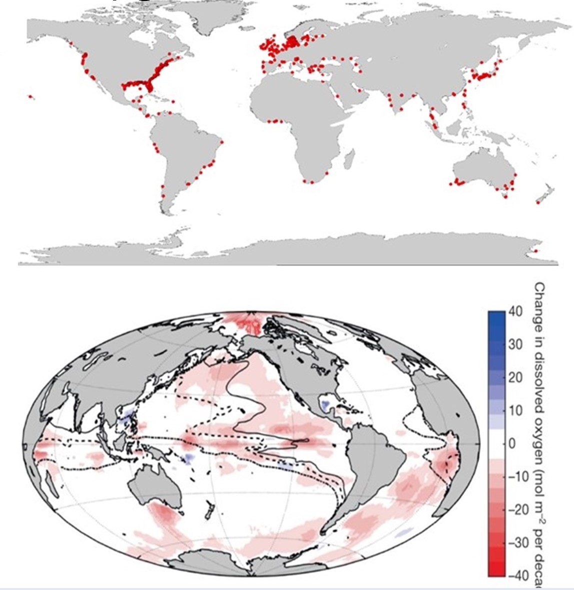 Figure showing coastal deoxygenation spots and global changes in deoxygenation