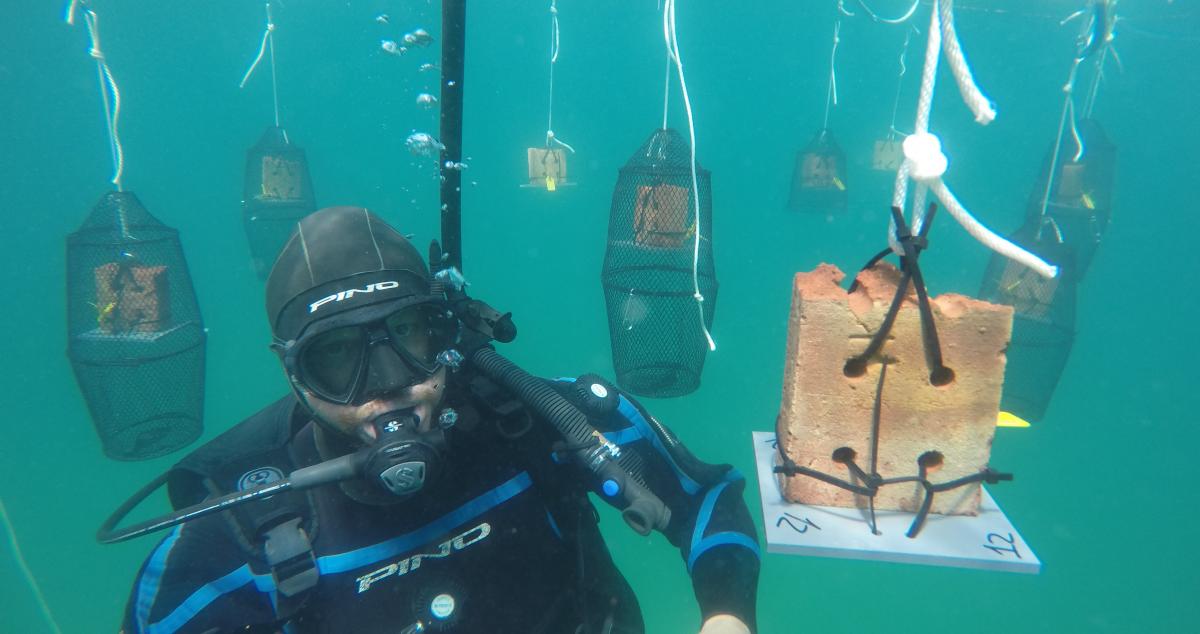  Diver underwater, with a brick panel on their left. Similar panels in black cages hang suspended in the background.