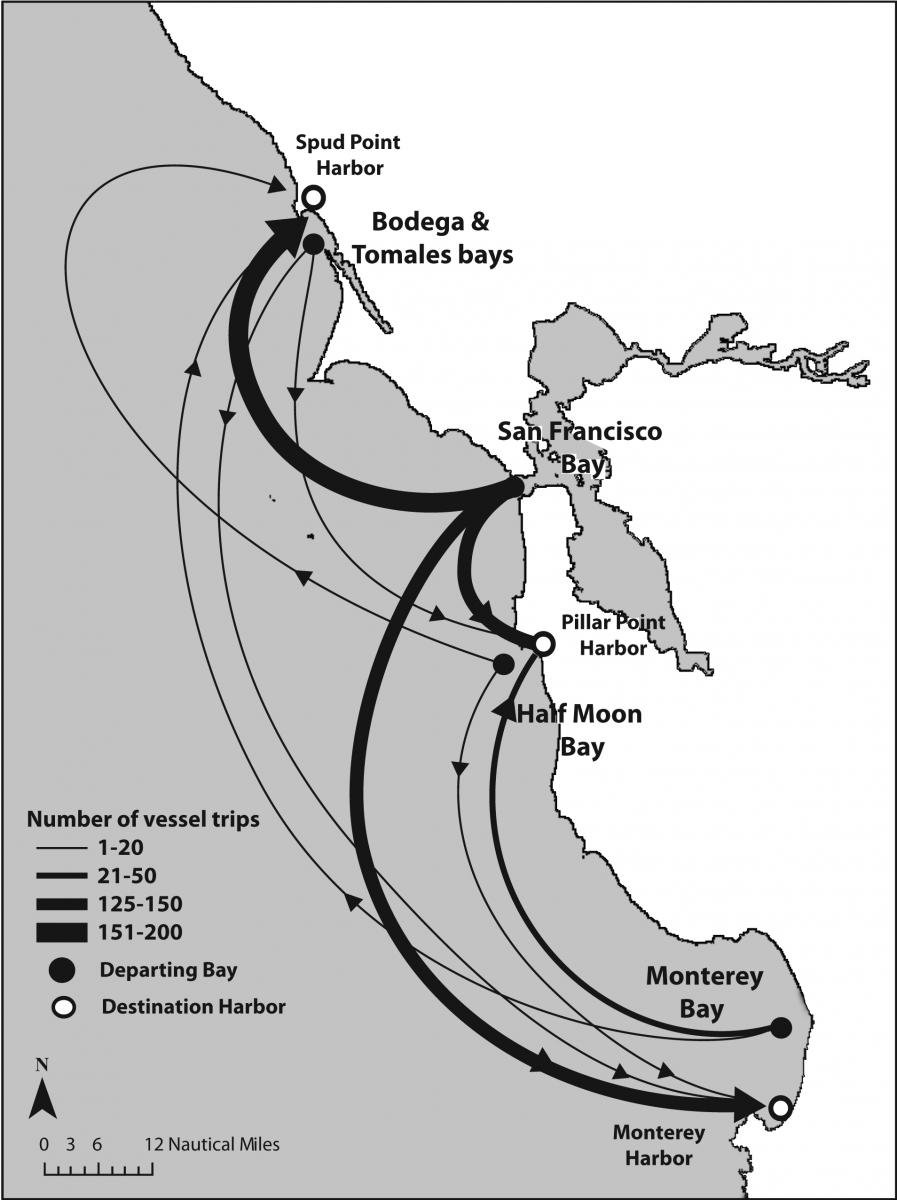 A map showing arrivals of visiting boaters to the outer coast bays