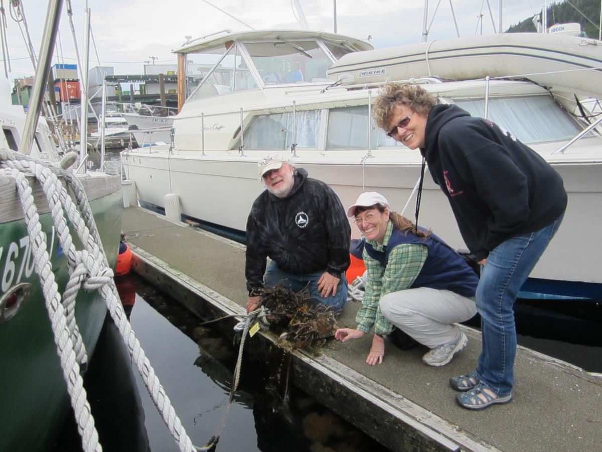 Man and two women on docks with fouling panels