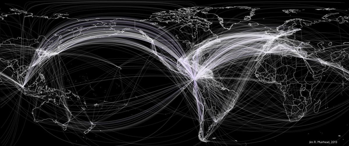 Map of world with white lines showing traffic through Panama Canal