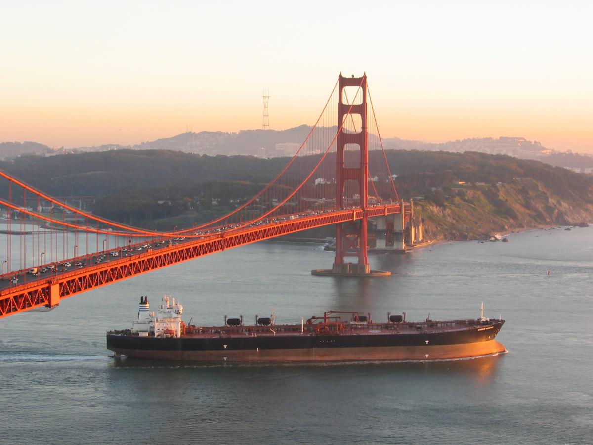 Commercial ship leaving San Francisco Bay. Photo by Monaca Noble