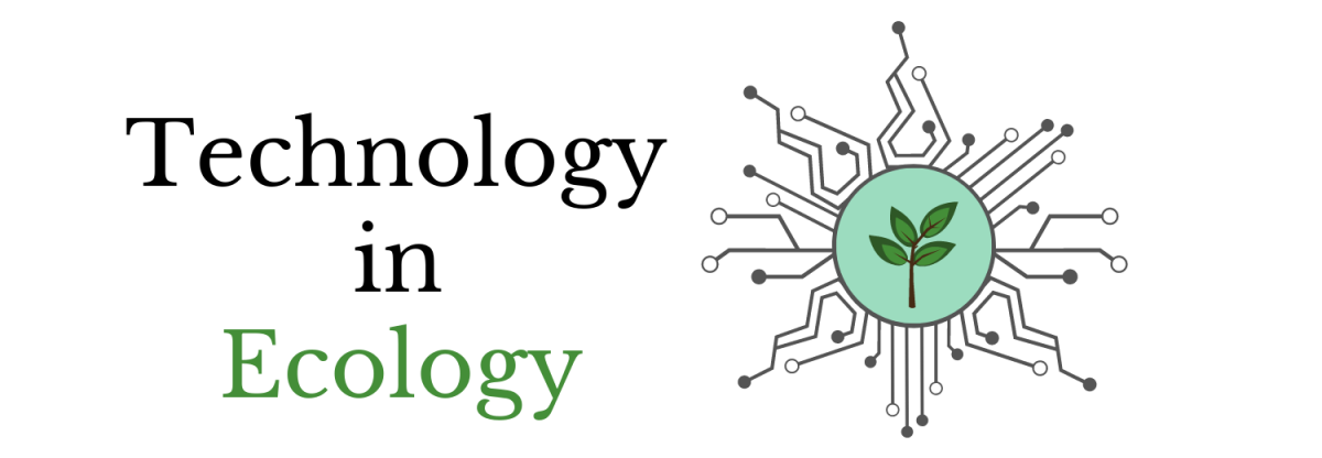 Banner: Technology in Ecology. Logo with plant in green circle, surrounded by circuit-board lines