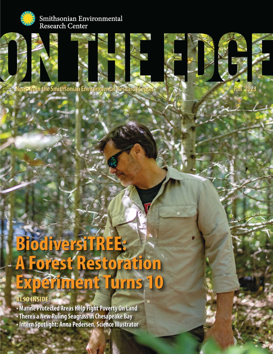 Front Cover of Fall 2023 On The Edge Newsletter, showing a man in a beige shirt walking through a forest
