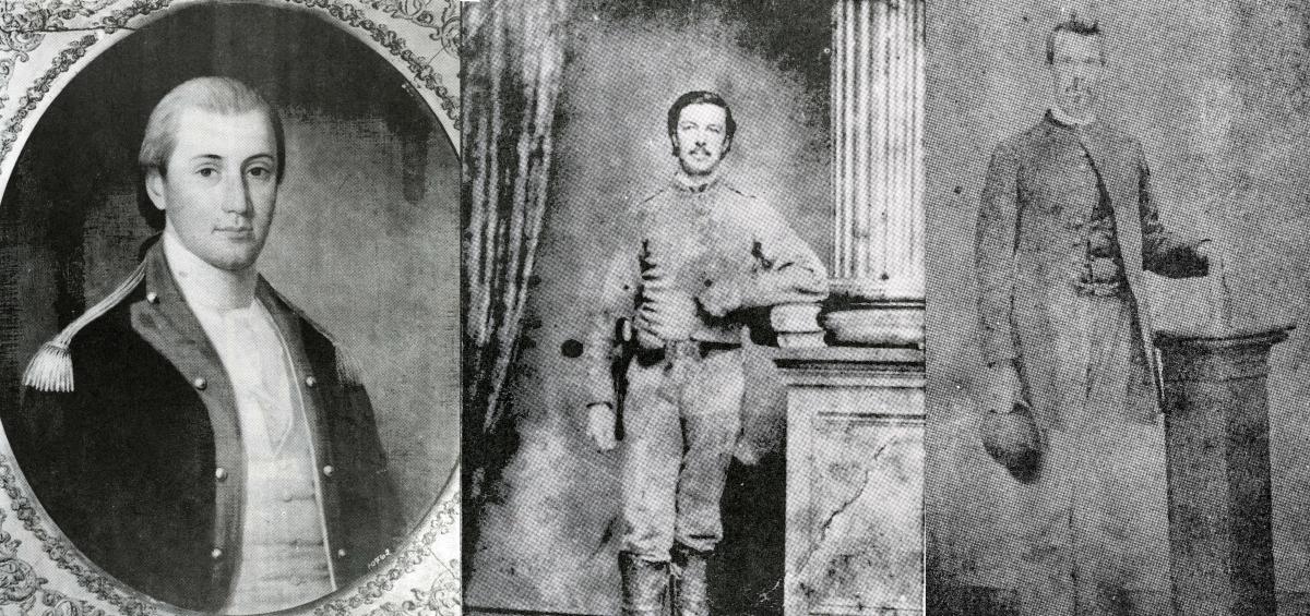 Left: Black and white portrait of a soldier in an 18th-century colonial officer's uniform. Middle and right: Two black and white photos of individual soldiers in Civil War uniforms.