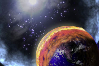 Artist's depiction of a gamma ray burst impinging on Earth's atmosphere