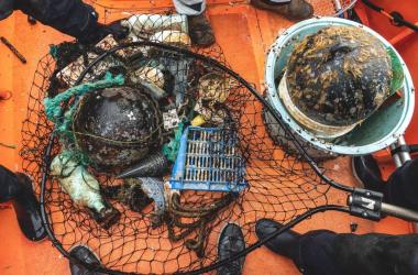 Plastics that contain living organisms on them are gathered in a fishing net on a boat and were collected from the Pacific Ocean