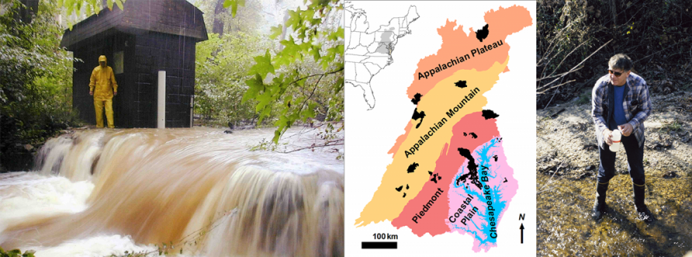Image of stream sampling station,  map of sampling sites, image of scientist sampling stream water