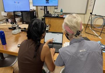 Two volunteers uploading data into Fieldscope