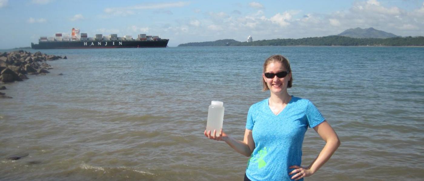 Dr. Katrina Lohan with water sample from Punta Culebra, a site at the Pacific entrance to the Panama Canal.