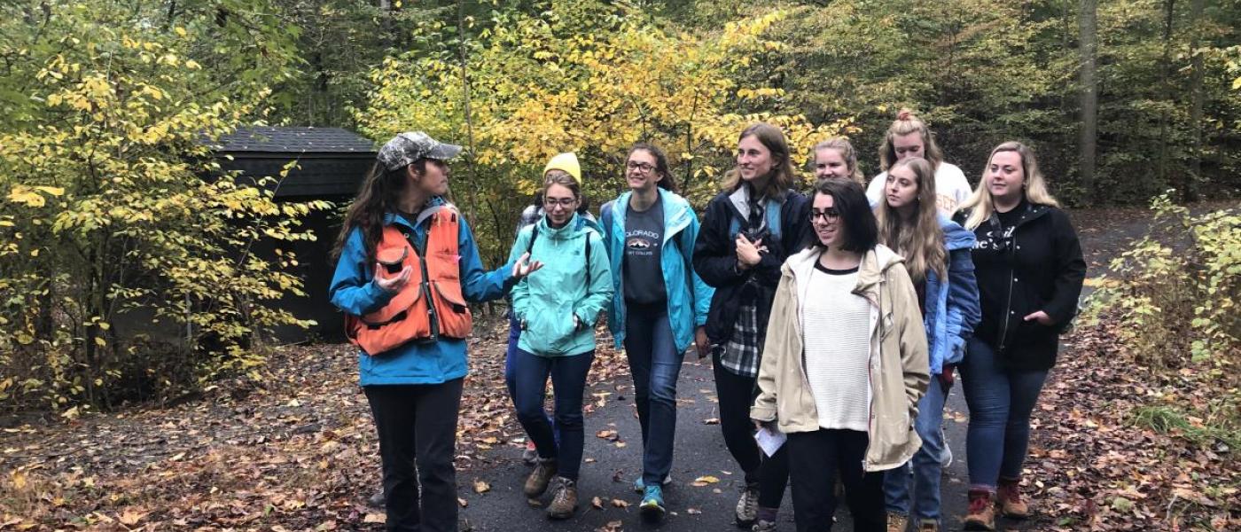 Young woman in an orange safety vest leads a group of young adults along a forest road in autumn