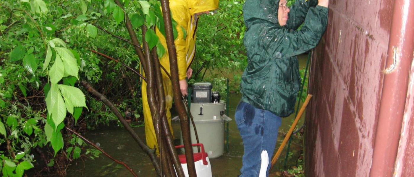 Taking measurement of a SERC stream during a rain event