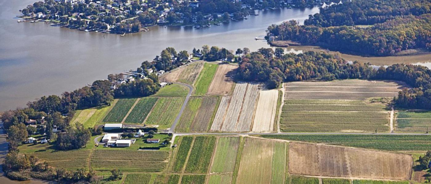 Aerial shot of land plots beside the river