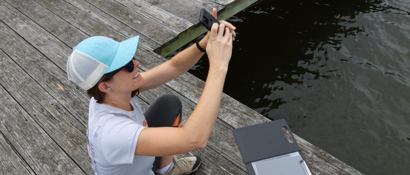 A woman on a pier points her phone up to the sky using the HydroColor app to collect water clarity data