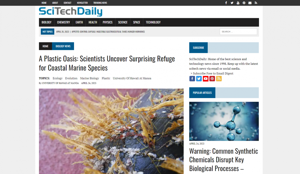 SciTechDaily article about SERC and the University of Hawaiʻi's Great Pacific Garbage Patch study