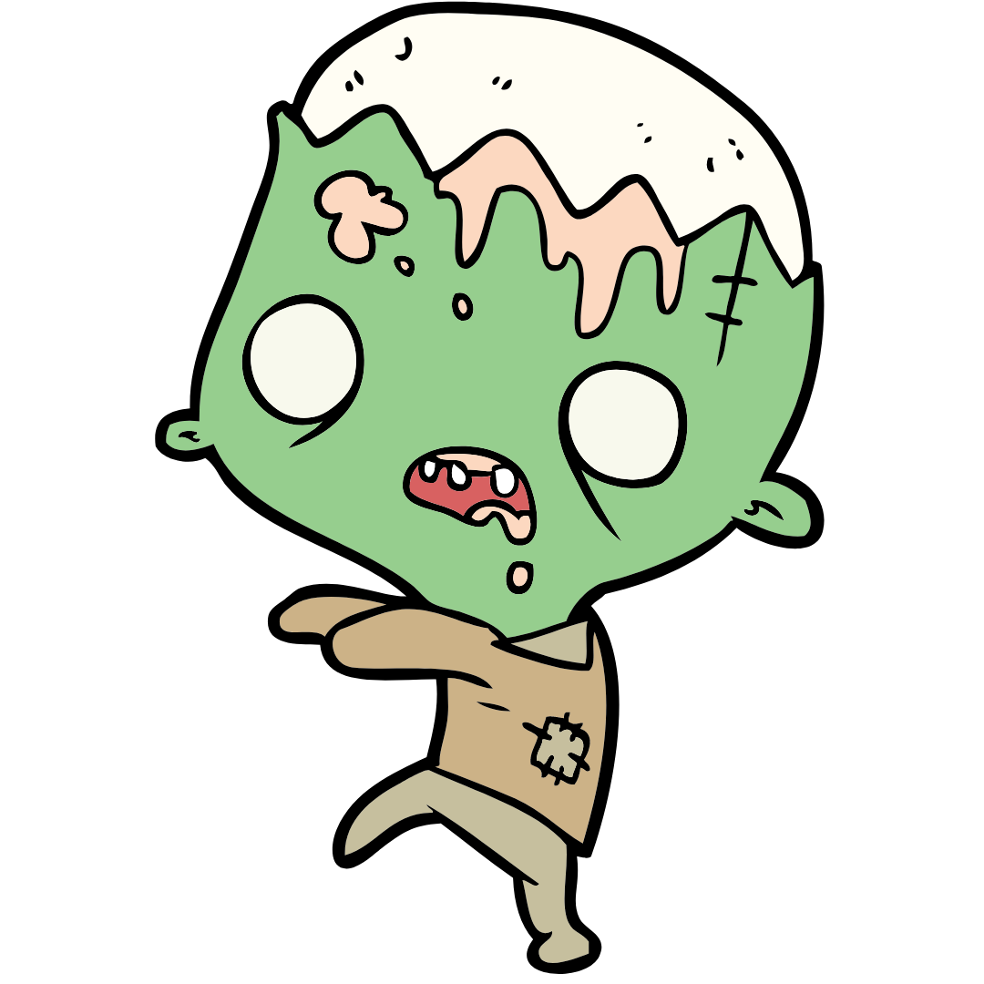 A green cartoon zombie with a brown shirt and pants. The top of the zombie's head is missing, exposing part of its skull. The Zombie is in a walking position with its arms stretched straight out in front of it, its mouth open, and its pupil-less eyes enlarged.